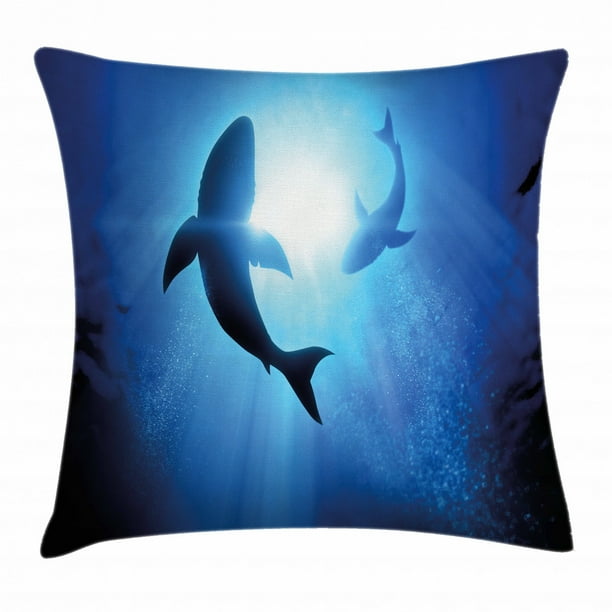 Shark Throw Pillow Cushion Cover, Underwater World with Fish Silhouettes Circling in the Sea