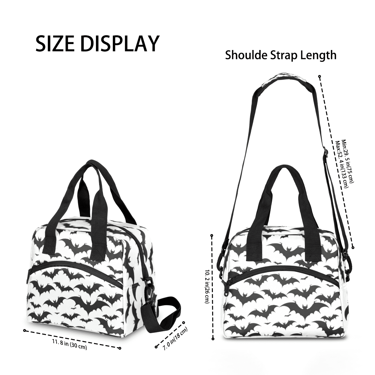 Herdesigns Halloween Bat Insulated Lunch Bag for Women Men Adults Large Reusable Lunch Box Black and White Bat Leakproof Cooler Tote Bags with Adjustable Shoulder Strap