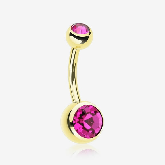 BM25 Gold PVD Double Gem Ball Steel Belly Button Ring-Fuchsia