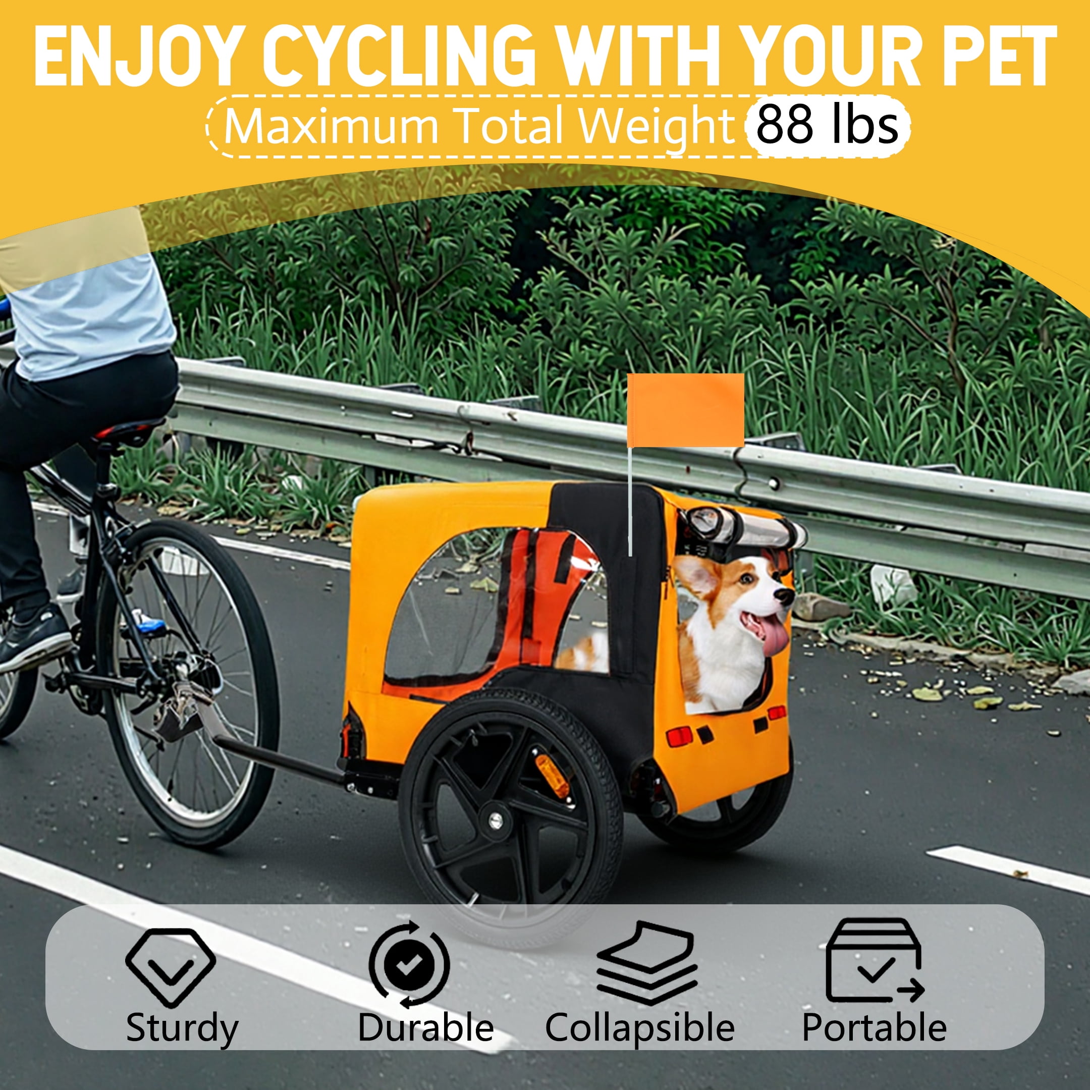 Collapsible Pet Bike Trailer, 16in All-Terrain Wheel Foldable Dog Carrier Cart with Universal Hitch, Reflective Safety Design Waterproof Mesh for Outdoor Cycling, Black & Orange