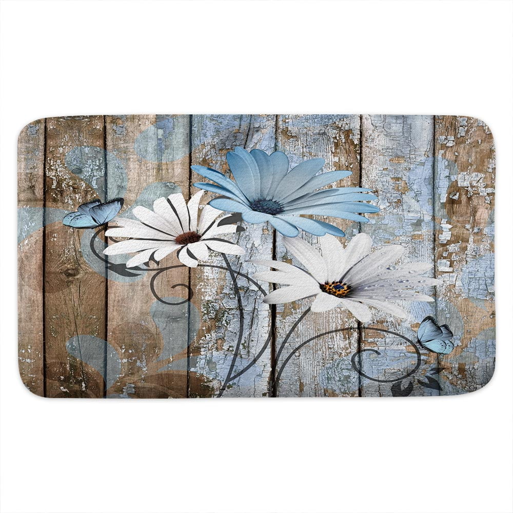 Farmhouse Floral Flower Bath Mat, Blue Daisy Rustic Wooden Plank Country Barn Wood Non-Slip Flannel Soft Doormat Floor Entryways Outdoor Indoor Front Door Mat, 17X29