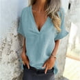 thumbnail image 6 of Olyvenn Stylish Cotton Linen Tops for Women V Neck Short Sleeve Tops Side Slit Basic Tunic Blouse Casual Style Loose Fit Solid Color Blouse Light Blue M, 6 of 9