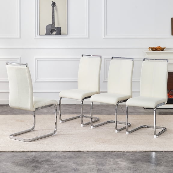 Set of 4 White Grainy Fabric Dining Chairs - Modern Luxury Comfort & Stable Silver Metal Legs - 16.5"W x 21.2"D x 39.3"H - Stylish Home Decor