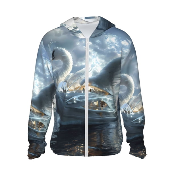 Fotbe Fantasy Swan Yacht Design Chaqueta con Protección Solar UPF 50+ para Hombre y Mujer, Camisa con Capucha y Bolsillos-3X-Large