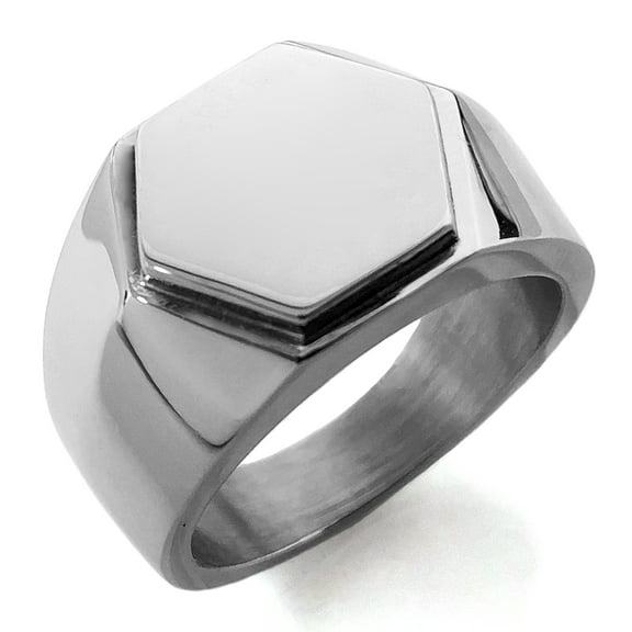 Stainless Steel Hexagon Crest Biker Style Polished Signet Ring