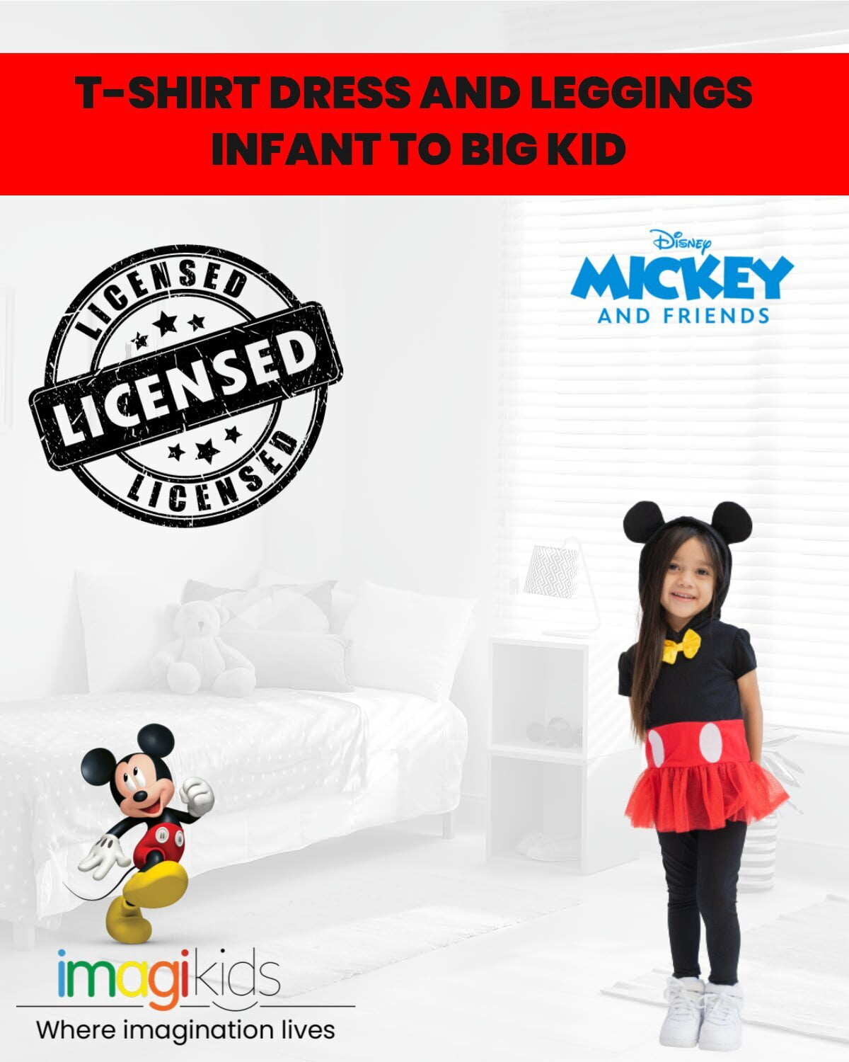 Disney Mickey Mouse Little Girls Cosplay T-Shirt Dress and Leggings Toddler to Big Kid