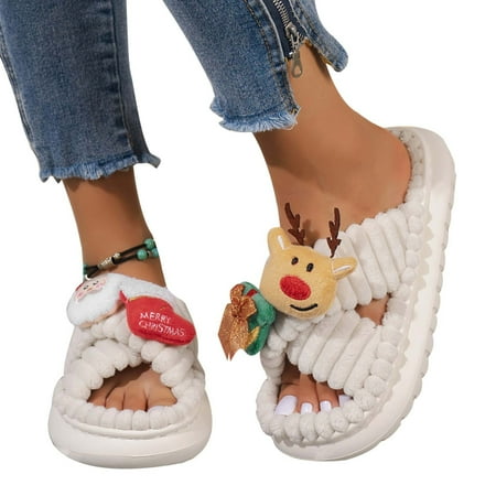 

Xfvqtps Christmas Slippers Fuzzy Slippers for Womens Cute Santa Claus Christmas Gift Cross Straps Open Toe Thick Bottom Memory Foam Comfortable Non-Slip Warm Winter House Slippers White-01