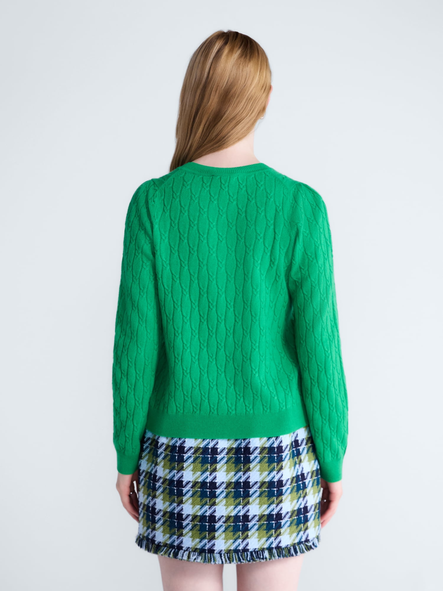 Free Assembly Women's and Women's Plus Cashmere Cable Knit Sweater with Puff Sleeves, Midweight, Sizes XS-4X