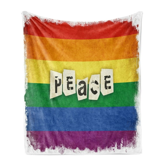 Pride Soft Flannel Fleece Throw Blanket, Grunge and Colorful Striped Backdrop Peace Wording Vintage Gay Lesbian Flag Print, Cozy Plush for Indoor and Outdoor Use, 50" x 70", Multicolor, by Ambesonne