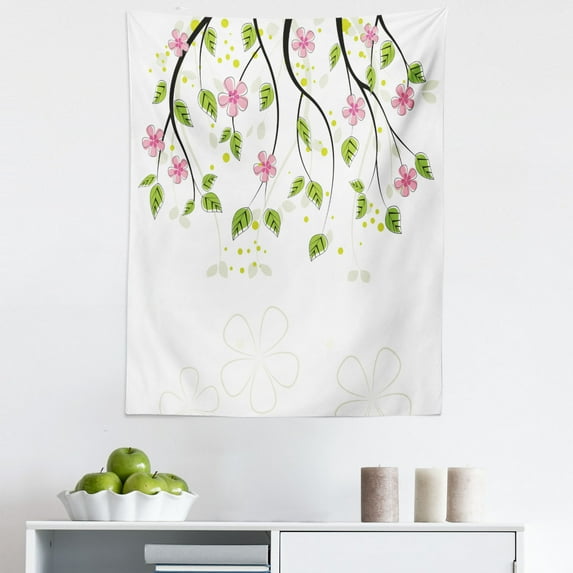 Floral Tapestry, Branch with Flowers Leaves Cartoon Illustration Happy Summer Nature Art, Fabric Wall Hanging Decor for Bedroom Living Room Dorm, 5 Sizes, Pink Green, by Ambesonne