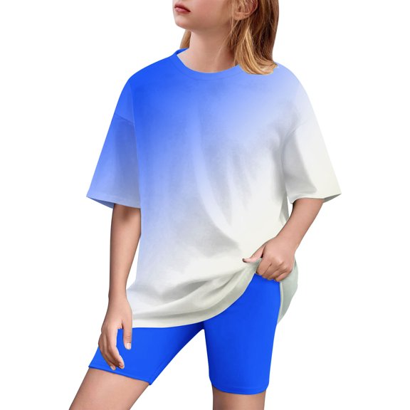 QNANSPI Kids Clothes, Summer Outfits 2026, 5-15Y Big Kids Boys Girls Fashion Casual Gradient Color Loose Short Sleeve Top Yoga Shorts 2 Piece Trendy Set