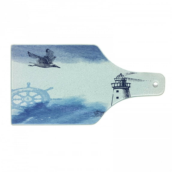 Lighthouse Cutting Board, Nostalgic Watercolors Gull Anchor Tower Nautical Theme, Decorative Tempered Glass Cutting and Serving Board, Wine Bottle Shape, Blue and White, by Ambesonne