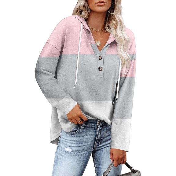 Cilsoka Womens Button Up Sweatshirts Hooded Striped Print Long Sleeve Drawstring Hoodies Casual Pullover
