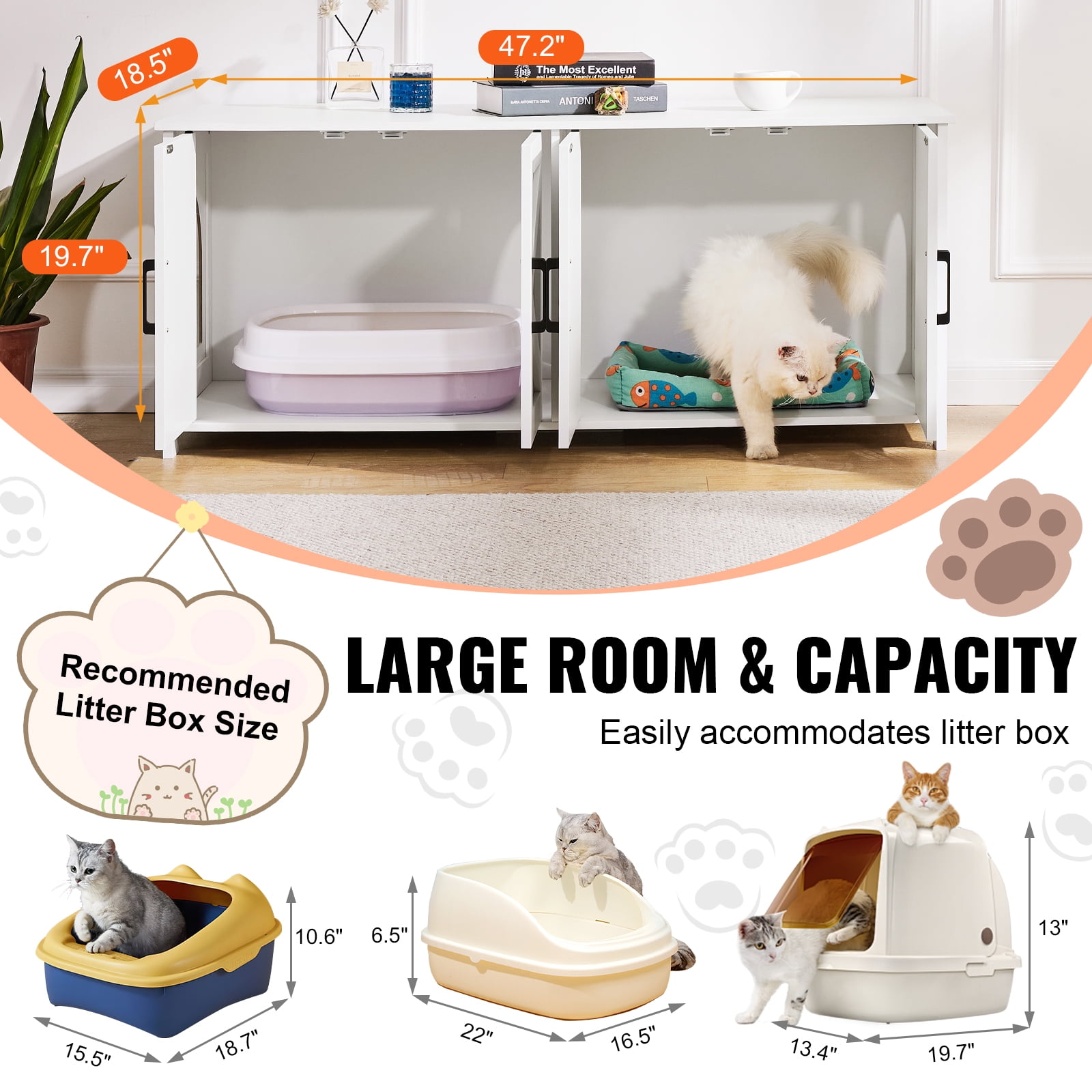 KFFKFF Dual Cat Privacy Litter Cabinet, Spacious Wooden Enclosure for Multiple Cats, Conceals Litter Pans, 47.2"L x 18.5"W x 19.7"H, in White