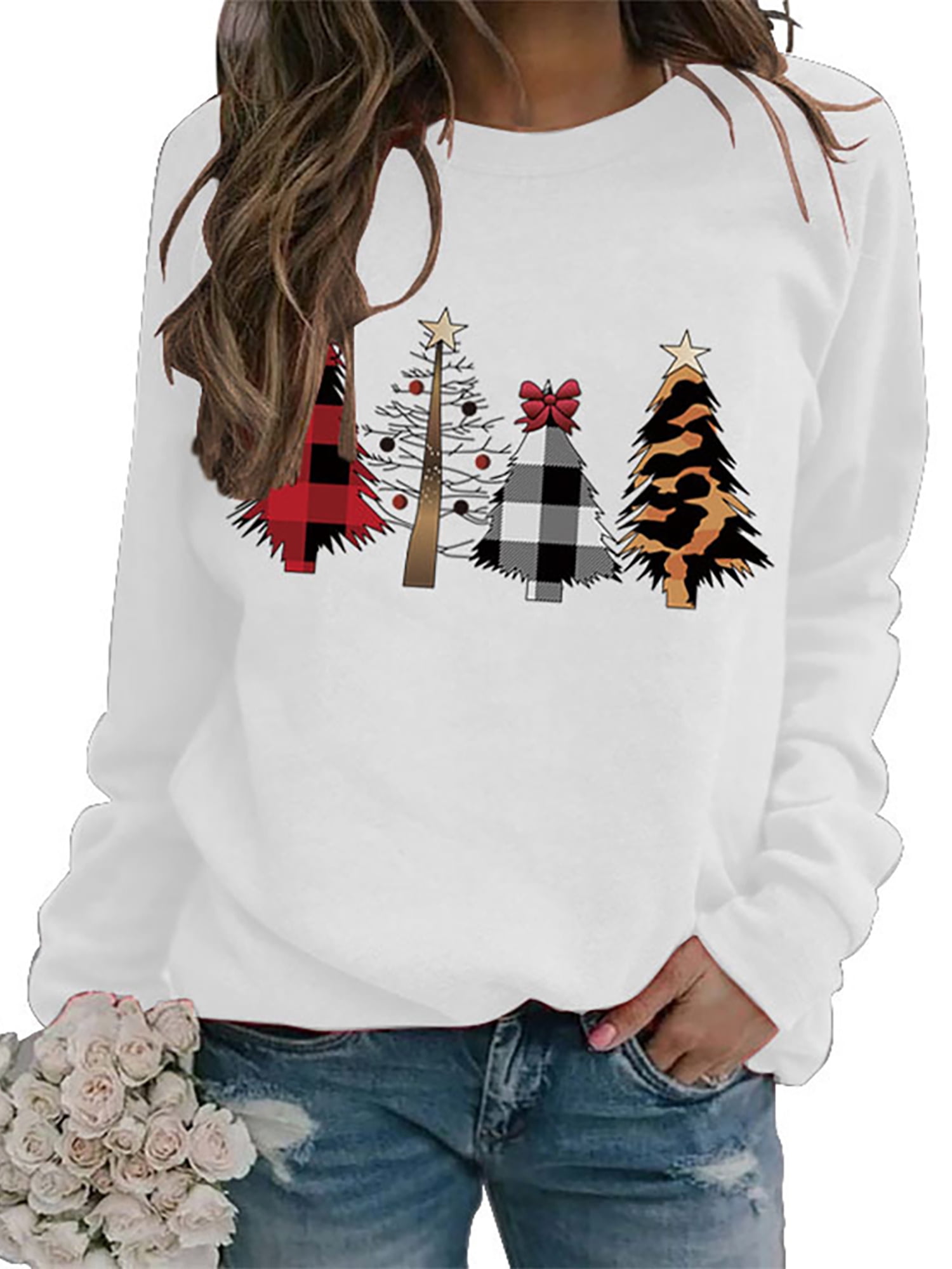 Skksst Womens Long Sleeve Round Neck Jumper Sweatshirt Pullover Christmas Blouse Tops, Women's, Size: Small, White