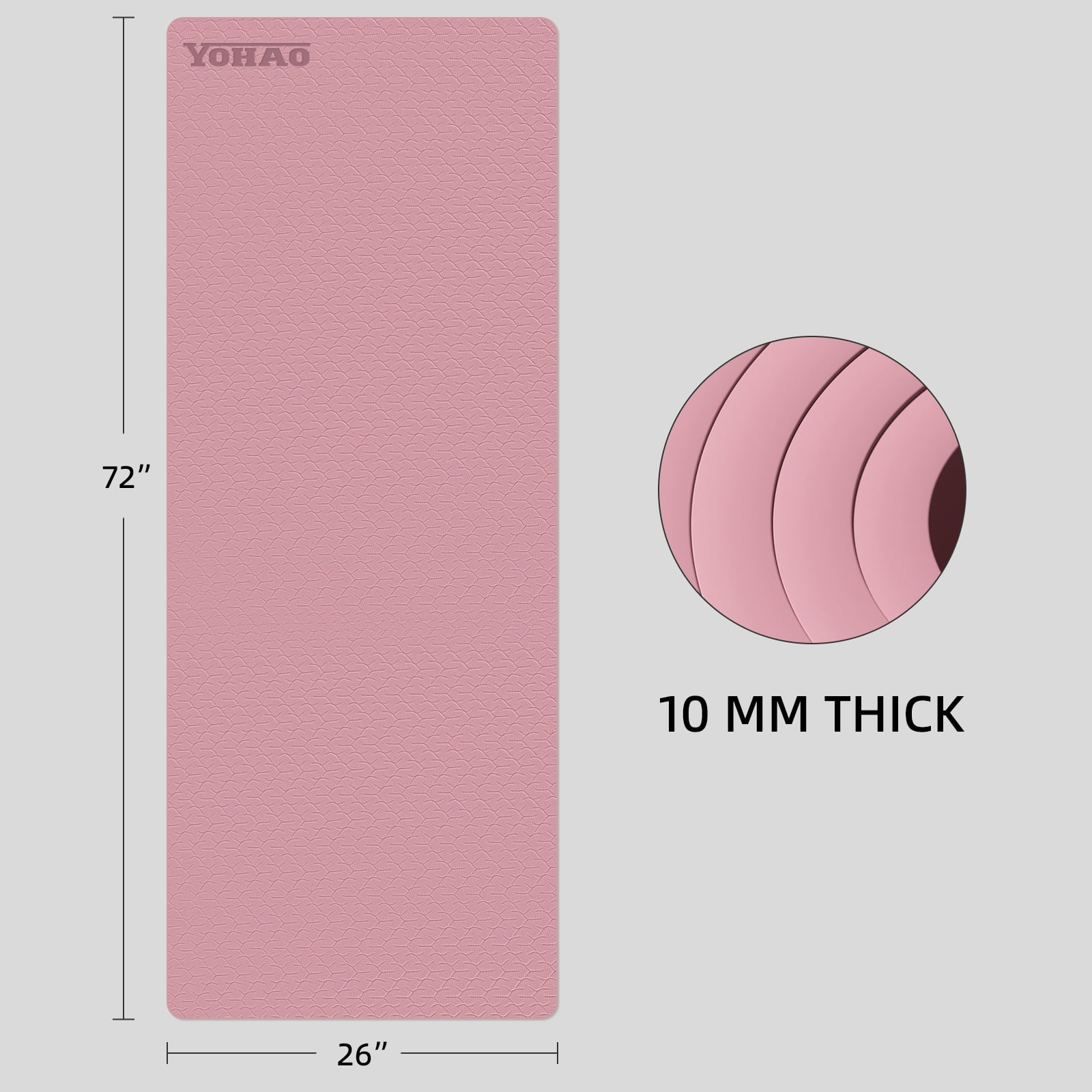 YOHAO Yoga Mat 10mm Thick,72"×26",Non-Slip Eco TPE,Strap included for Travel,Pilates and Fitness Workout(Pink)