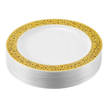 Gold Disposable Plastic Plates -Lace Design Wedding Plates,Gold Lace Salad/Dessert 25Pack-7.5Inch