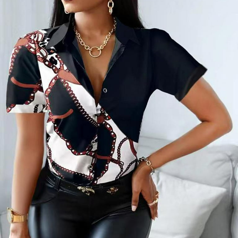 HSMQHJWE Ladies Shirts And Blouses Plain Tops Women S Elegant Top Shirt Vintage Printed Patchwork Button Suit Shirt V Neck Short Sleeve Fashion Slim Top Shirts World Long Sleeve Shirt Women Walmart ...
