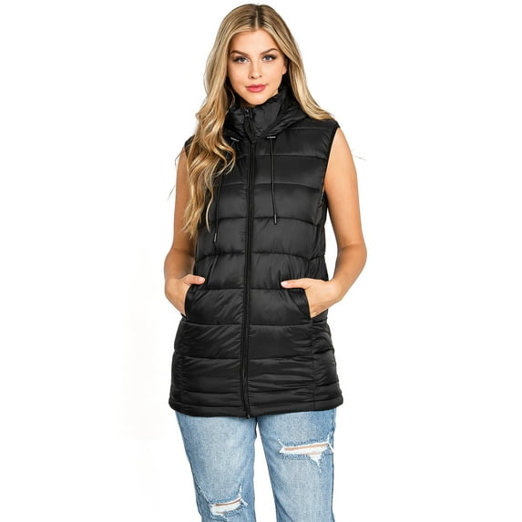 Love Tree Women's Juniors Long Ultra Light Puffer Vest (Black, Small)