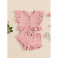 thumbnail image 3 of Musuos Little Girl 2 Piece Summer Set, 6 12 18 24M 3 4T Fly Sleeve Button Down Ruffled Tops Bow Elastic Waist Shorts Toddler Cute Clothes Set, 3 of 7