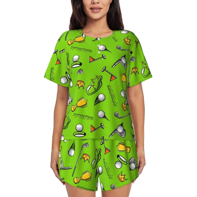 Fotbe Golf Sport Club Conjunto de Pijama Estampado para Mujer, 2 Piezas, Ropa de Dormir con Camiseta de Manga Corta y Shorts Suaves-Large