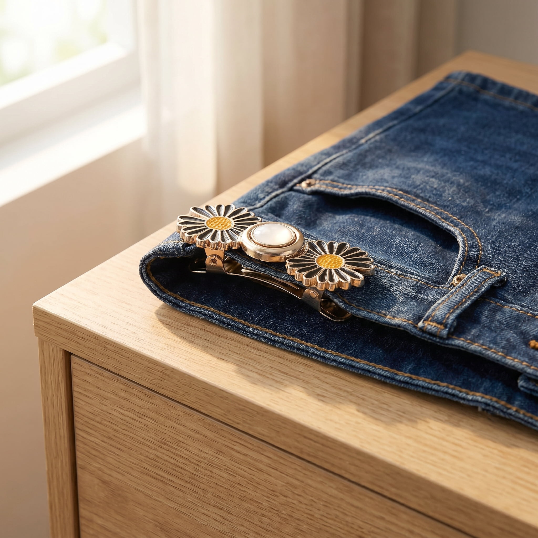 Pant Waist Tightener, Detachable Jean Buttons for Loose Jeans, No Sew and No Tools Button Pins for Jeans, Adjustable Jean Buttons Pins, Daisy Little bear Flower Instant Pants Button Tightener 4 Sets