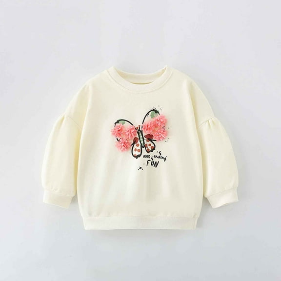 GBSYEWXS Sweatshirt For Girls Toddler Long Sleeve Butterfly Print Tops Fashion Crew Neck Relaxed Fit Beige Pullover Sweater Size 18-24 Months