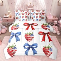 Feelyou Watercolor Bow-tie Bedding Comforter Set 7pcs for Kid, Blue Princess Bowknot King Bedding Sets, Cartoon Strawberry Reversible Bed Sheets, Luxury Bedroom Decor