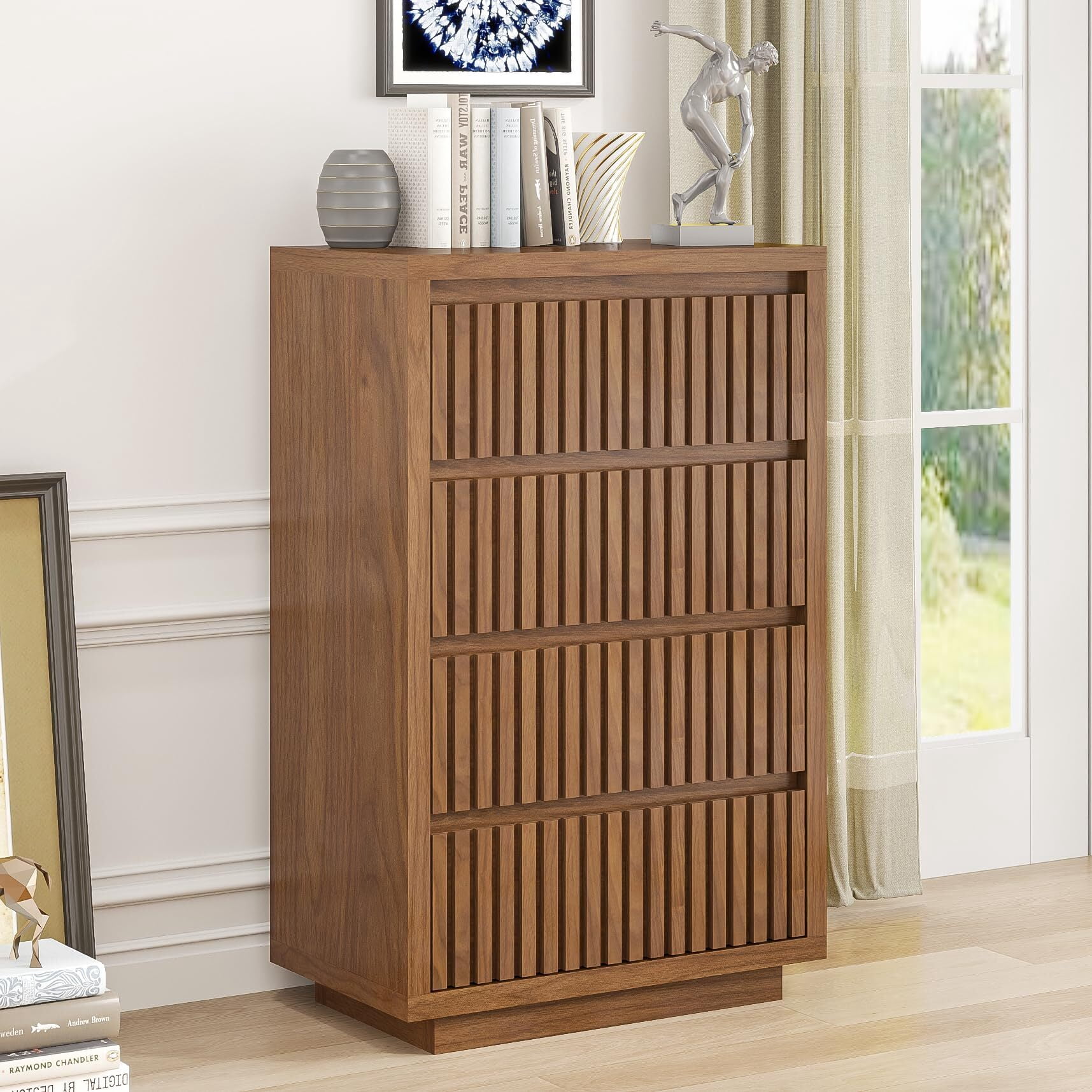 Fluted 4 Drawer Dresser, Mid Century Wood Chest for Bedroom, Modern Closet Clothes Storage Organizer, Walnut Brown Wooden Cabinet