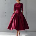 thumbnail image 2 of Robes Trapèze pour Femmes Manches 3/4 Col Ras du Cou Robes Plissées Été Robe Maxi Décontractée, L, 2 of 4