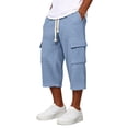 thumbnail image 2 of Nestiefly Long Cargo Shorts for Men Below Knee Waffle Drawstring Capris Pants Elastic Waist Lightweight Summer Resort Wear Blue XL, 2 of 8