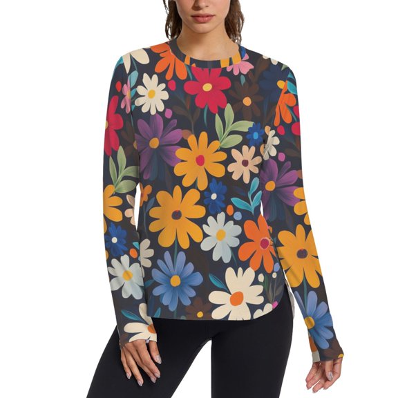 FORMRS Womens Long Sleeve Shirts UPF 50 Sun Protection Quick Dry Fishing Hiking Tops, Size S-2XL, Bright Colorful Flowers Pattern