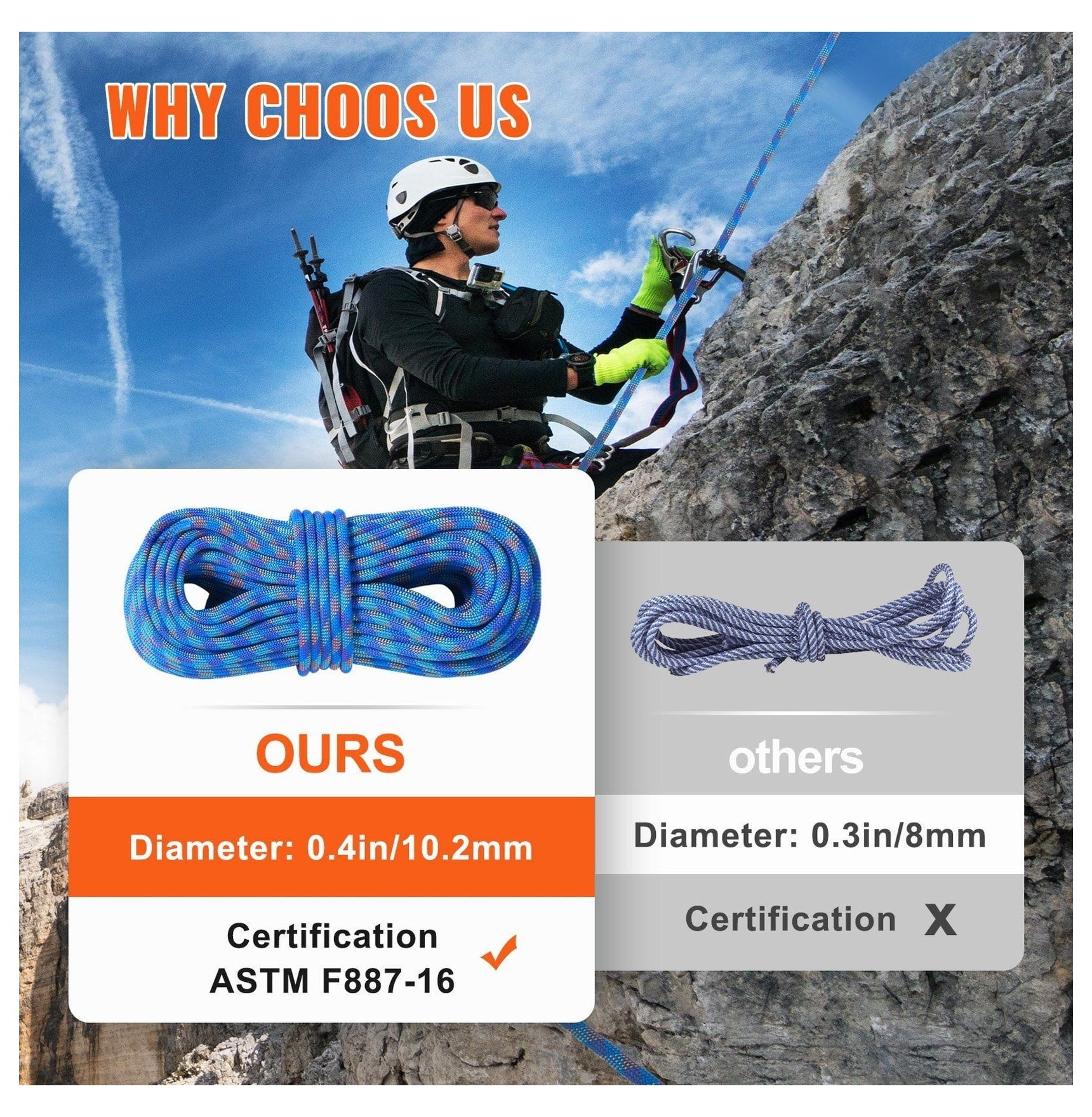 10.2mm Climbing Rope 40M (131ft), Dynamic Rock Climbing Rope 25KN, with Steel Hooks for Rappelling, Rescue, Hiking - Blue