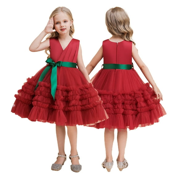 KYAIGUO Toddler Baby Girls Princess Tulle Dresses Kids Christmas Sleeveless Tutu Dress Flower Girl V-Neck Princess Dress Bridesmaid Dress Party Gown Tiered Skirt