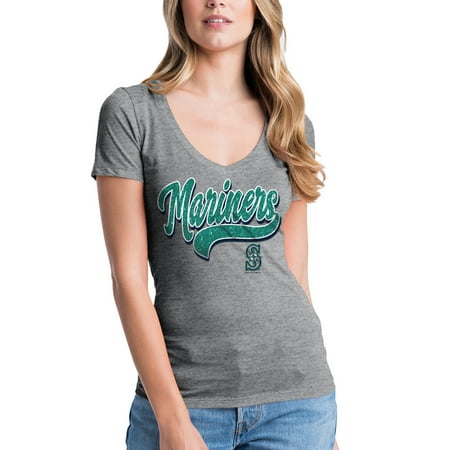 Women's New Era Heathered Gray Seattle Mariners Glitter Logo V-Neck T-Shirt
