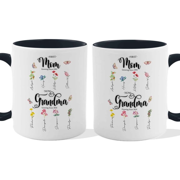 Customizaholic Personalized First Mom Now Grandma Mug - Floral Birth Flower Design, Custom Names Artwork, Sentimental Family Keepsake Gift