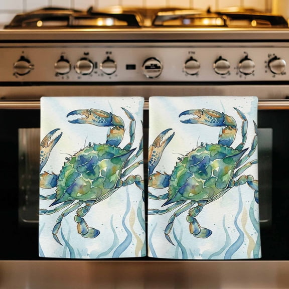 Coastal Crab Kitchen Towels Set of 1, Nautical Seaweed Turquoise Marine Life Absorbent Dish Towels for Kitchen, Microfiber Hand Towel, Quick Drying Tea Towel for Cleaning Decorative Dishcloths