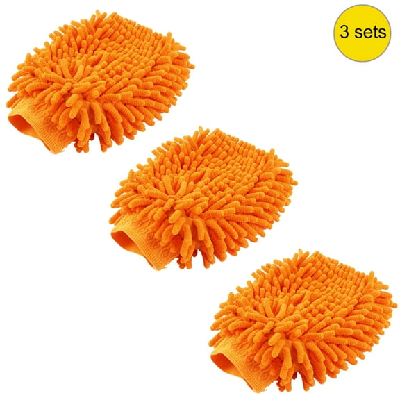 3 Pcs Car Cleaning Tool 2 Sides Auto Orange Microfiber Chenille Mitt Glove 21cm x 18cm