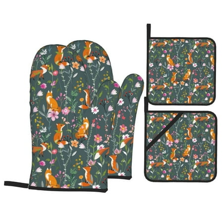 

Oven Mitts and Pot Holders Sets 4 pcs - Wolf Fox In Flower Forest Heat Resistant Silicone Oven Gloves with Non-Slip Silicone Surface and hot pads for kitchen Baking Cooking BBQ