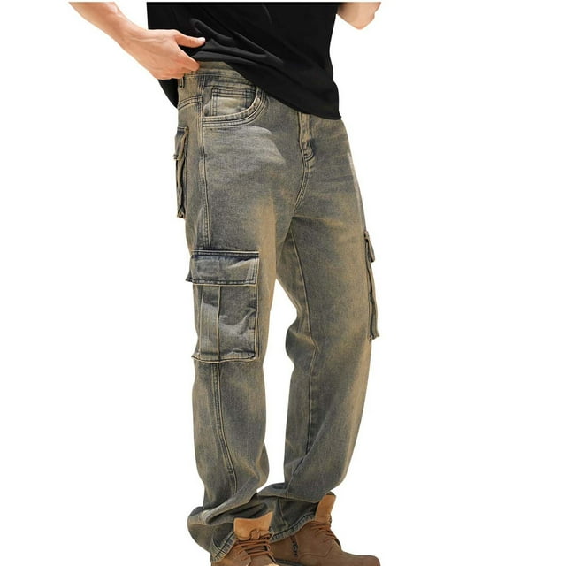 FcBaudy Pantalon Long Homme Vintage Mode Extérieure Solide Décontracté Poche Jeans Cargo Pantalon Homme