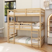 Triple Rubber Wood Bunk Bed with Two Built-in Ladders, Guardrails, Twin over Twin over Twin, Detachable Triple Twin Bunk Bed,Natural