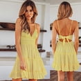 thumbnail image 2 of Femmes V-Cou Spaghetti Sangle Bowknot Dos Nu Dentelle Mini Swing Skater Robe (Jaune, L), 2 of 6