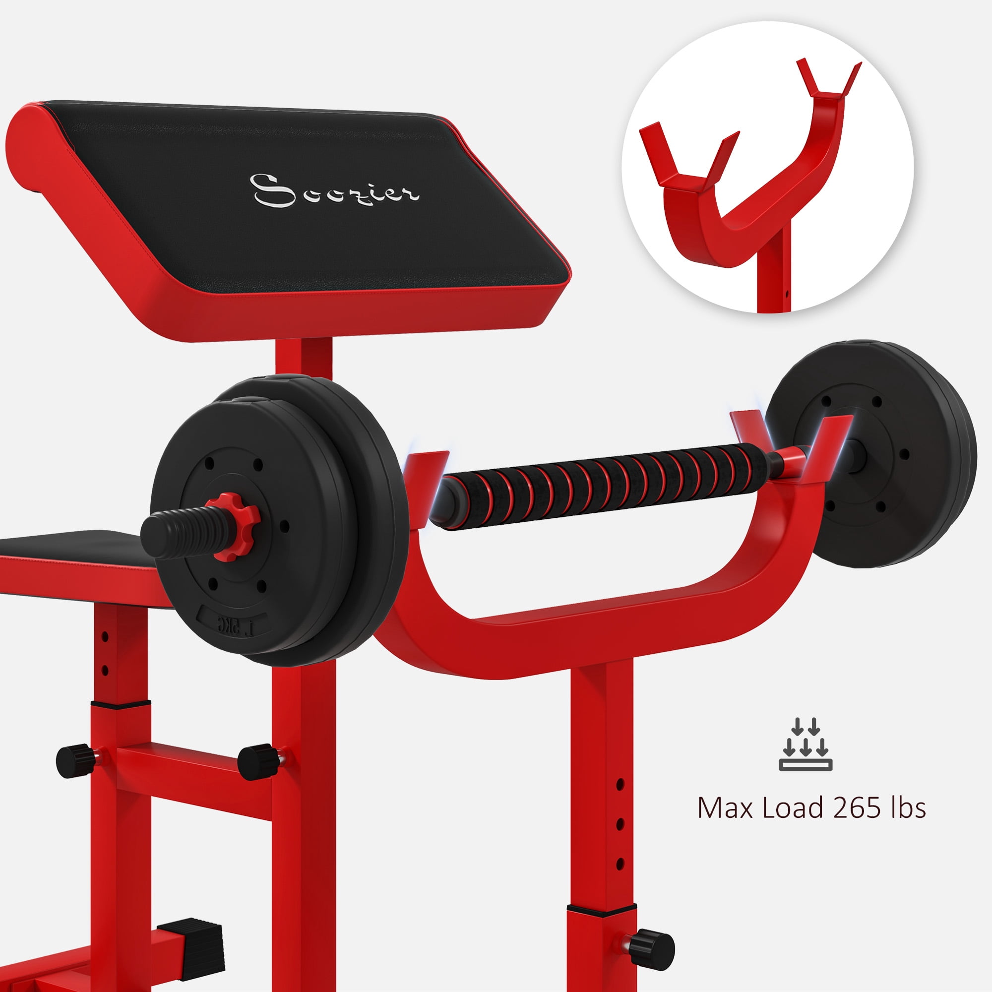 Soozier Adjustable Preacher Curl Bench, 265 LBS Seated Arm Isolated Barbell Dumbbell Bicep Station, Red