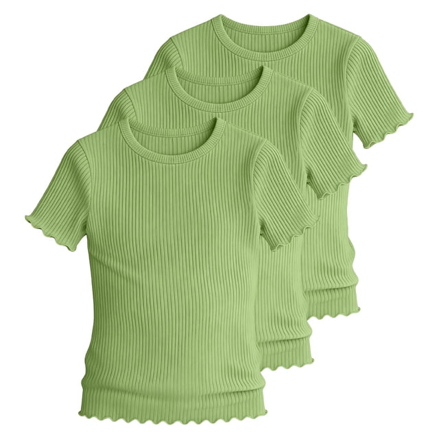 KyCheLot 3 Pack Ribbed Knit Tops for Girls Crew Neck Solid Color Short Sleeve T-Shirts Trendy Ruffle Trim T-Shirts