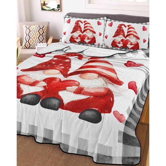Twin Quilt Bedding Set, Valentine's Day Dwarf Lightweight Coverlet Summer Comforter Set Soft Microfiber Bedspread, Red Love Black Plaid 3 Piece Quilt Set with 2 Pillow Shams