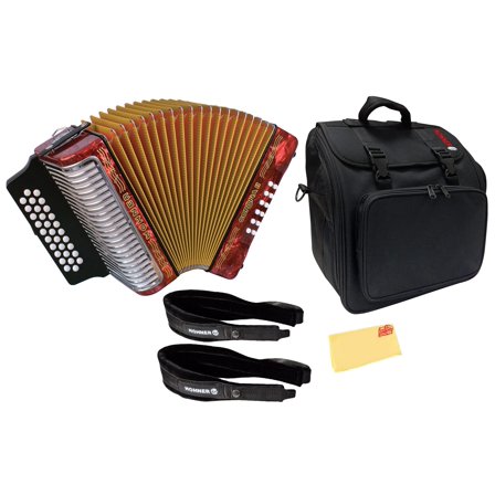 Hohner Corona II G/C/F Accordion - Pearl Red Bundle with Gig Bag, Straps, and Austin Bazaar Polishing Cloth
