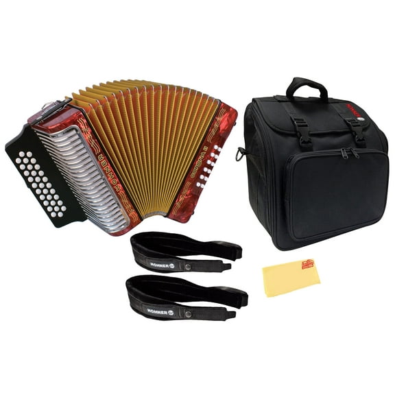Hohner Corona II G/C/F Accordion - Pearl Red Bundle with Gig Bag, Straps, and Austin Bazaar Polishing Cloth