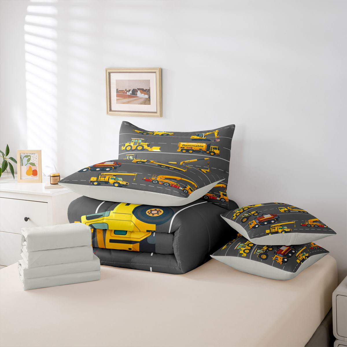 Homewish Construction Vehicles 7-Piece Twin Bedding Sets,Flammable Bedding Comforter Set,Brown Brown Sheet Sets For Boys Kids,Super Cozy Room Decor Reversible