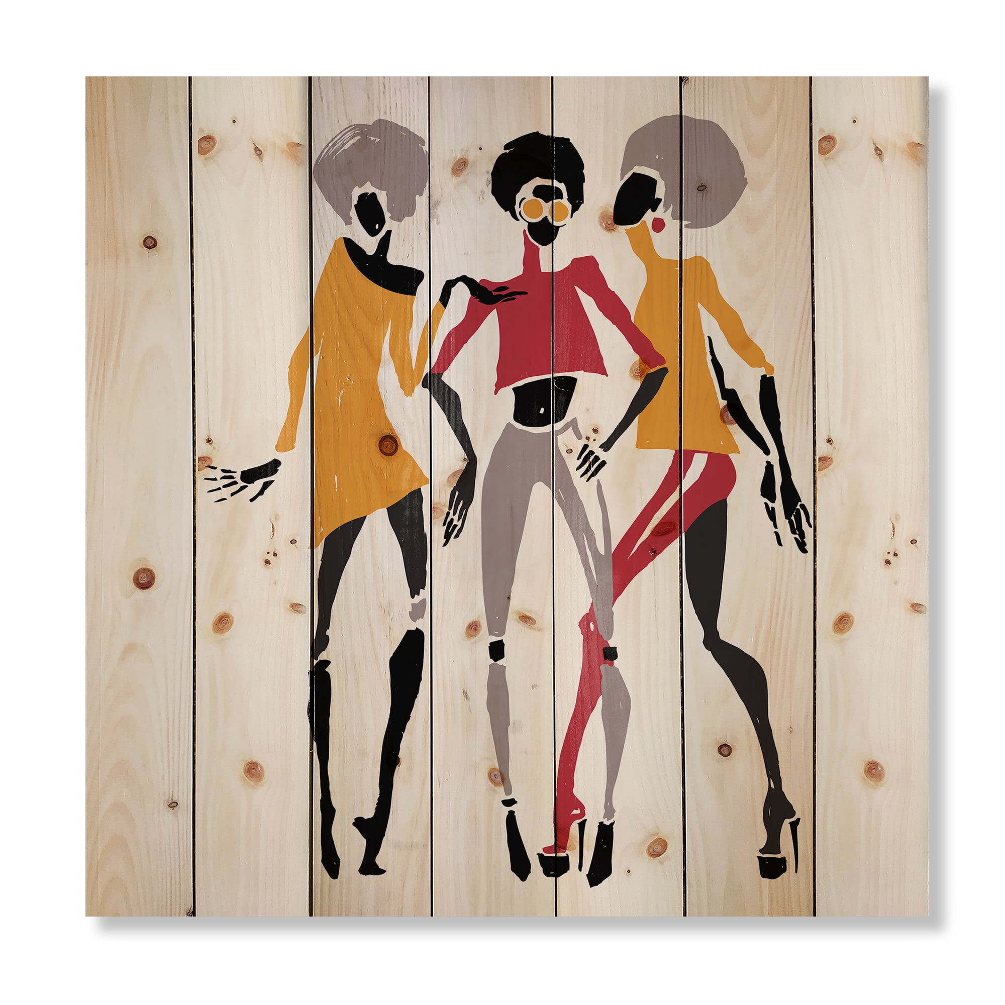 Designart 'African American Women Silhouettes Red and Yellow II' Modern Print on Natural Pine Wood
