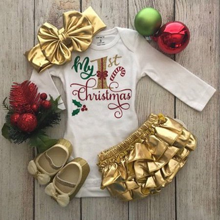 My 1st Christmas Sleepsuit 3PCS Newborn Baby Girl My 1st Christmas Tops Romper Ruffle Shorts Headband Outfits Set ()